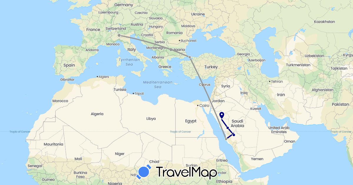 TravelMap itinerary: driving, plane in Italy, Saudi Arabia, Turkey (Asia, Europe)